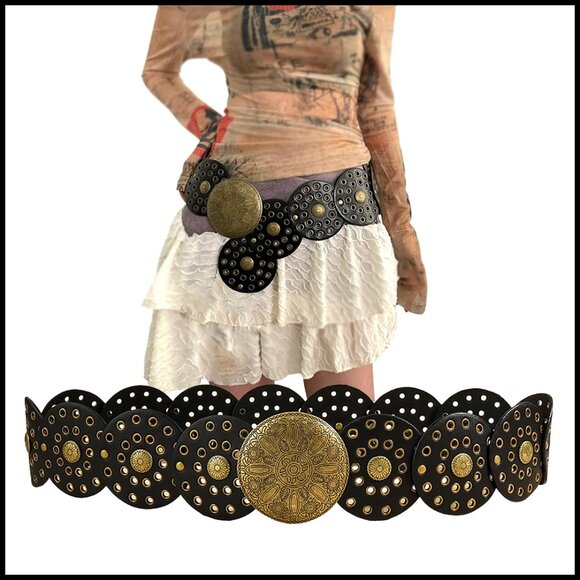 Chunky Western Belt Boho Y2K Vintage Disc Concho Leather Waist Belt Adjustable main image 6